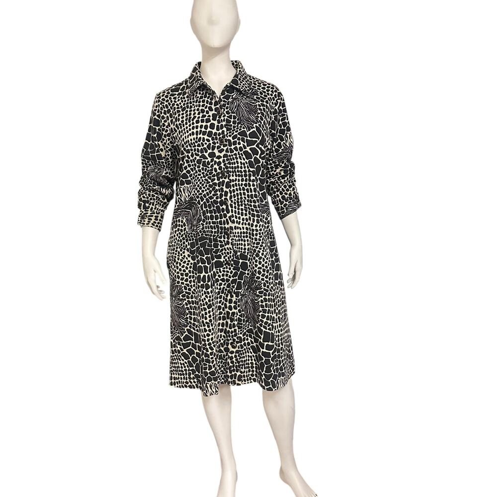 Vtg Gay Boyer New York Animal Print Shirt Dress Black Cream Size 14 Made in USA
